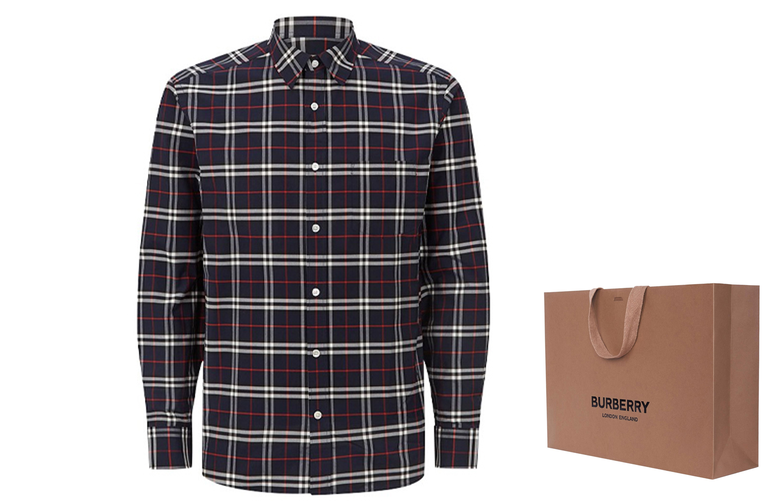 Lookbook 버버리 네이비 블루 클래식 체크 레드 스트라이프 긴팔 셔츠 8004835