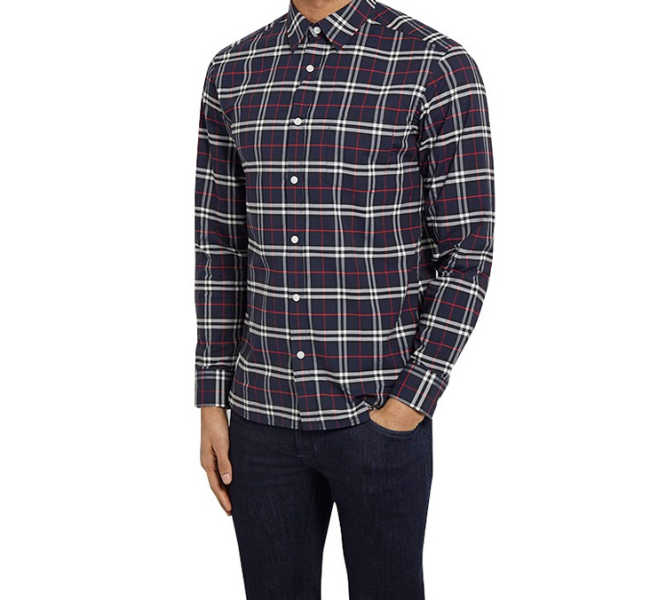 Cheap 버버리 네이비 블루 클래식 체크 레드 스트라이프 긴팔 셔츠 8004835
