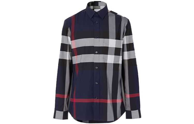 Order Burberry 博柏利 藏青色經典格紋彈性棉長袖襯衫 80181111