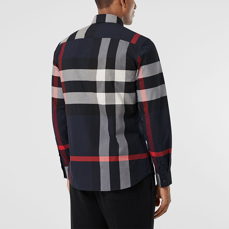 Shop Burberry 博柏利 藏青色經典格紋彈性棉長袖襯衫 80181111