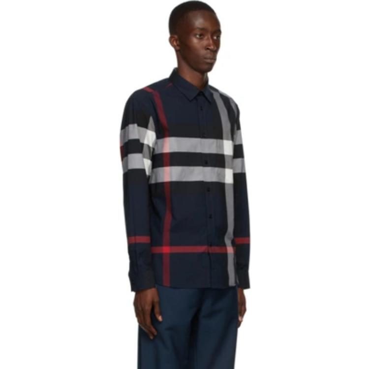 Cheap Burberry 博柏利 藏青色經典格紋彈性棉長袖襯衫 80181111