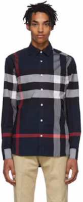 Burberry 博柏利 藏青色經典格紋彈性棉長袖襯衫 80181111 1