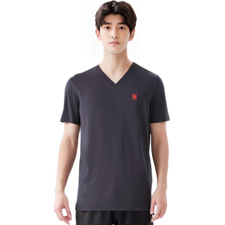 Burberry Navy Blue Letter Print V-Neck T-Shirt 80172561 圖 4