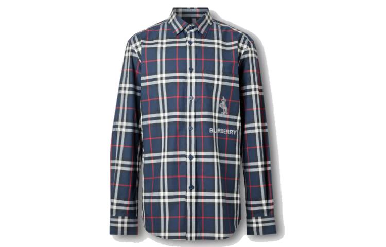 Burberry Navy Zebra Embroidered Check Cotton Shirt 80320631