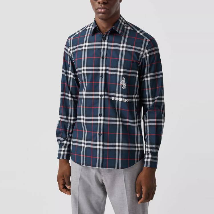 Burberry Navy Zebra Embroidered Check Cotton Shirt 80320631 圖 3