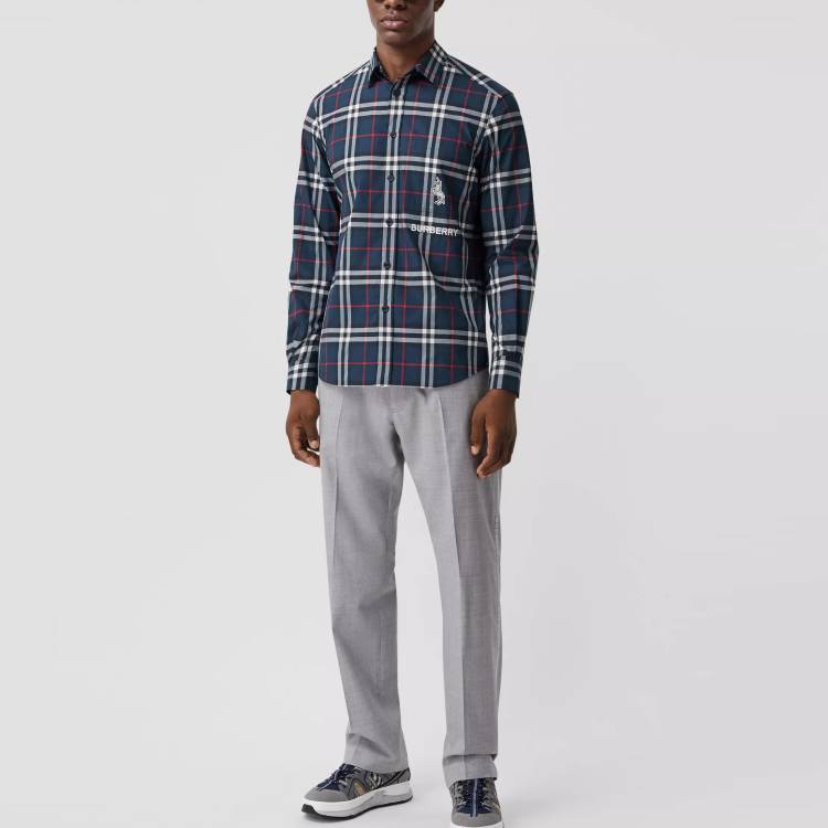 Burberry Navy Zebra Embroidered Check Cotton Shirt 80320631 圖 5