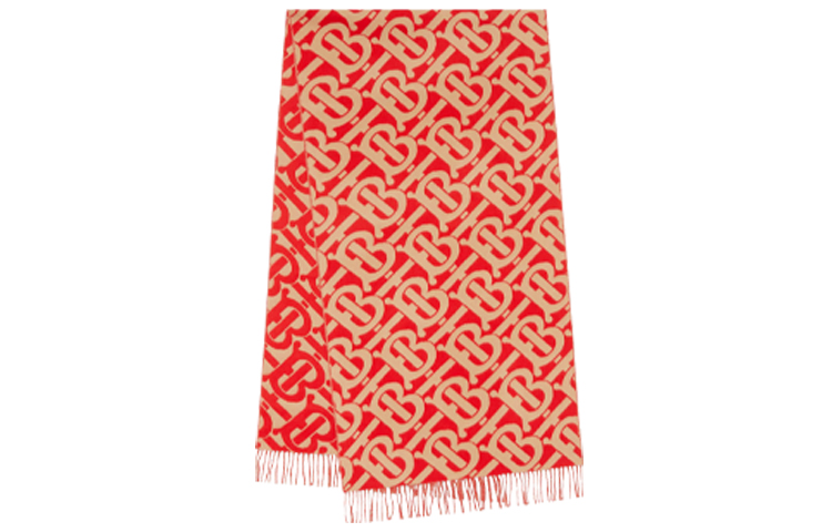 Burberry New TB Monogram Cashmere Scarf Bright Red Camel 80343831