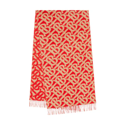 Burberry New TB Monogram Cashmere Scarf Bright Red Camel 80343831