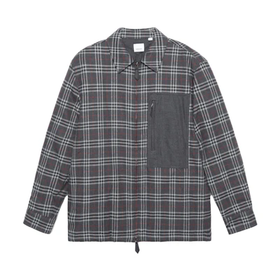 Burberry Patchwork Check Long-Sleeve Cotton Shirt Jacket - Charcoal Gray 80446561