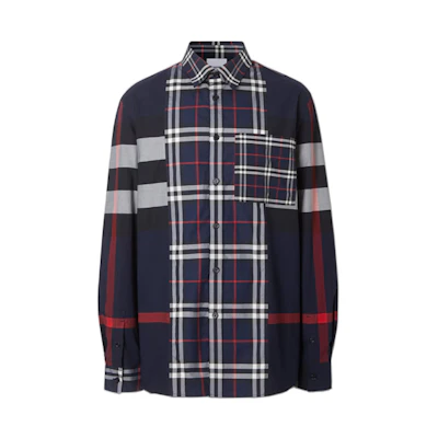 Burberry Patchwork Check Long Sleeve Shirt Navy 80256151