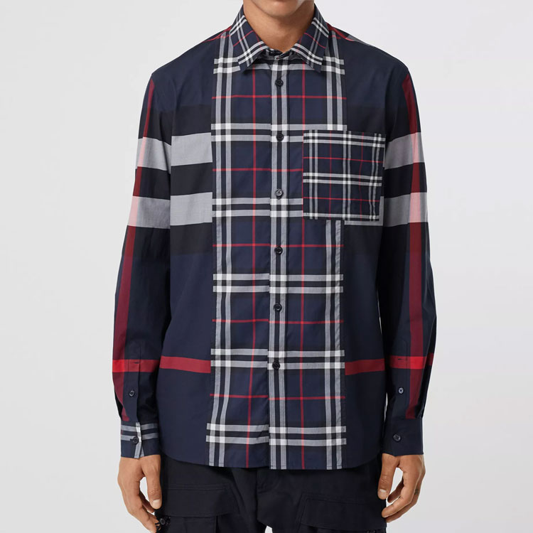 Purchase Burberry Patchwork Check Baju Lengan Panjang Navy 80256151