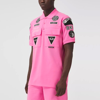 Burberry Pink Pattern Print Loose-Fit Short-Sleeve Polo Shirt. 80413001 Details for Burberry Pink Pattern Print Loose-Fit Short-Sleeve Polo Shirt. 80413001