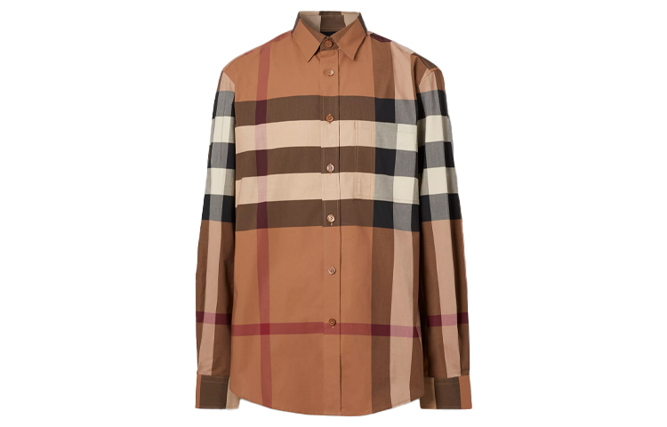 Burberry Plaid Cotton Poplin Long Sleeve Shirt Men Birch Brown 80376401