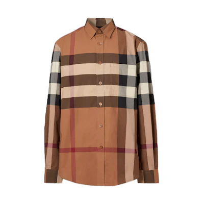 Burberry Plaid Cotton Poplin Long Sleeve Shirt Men Birch Brown 80376401