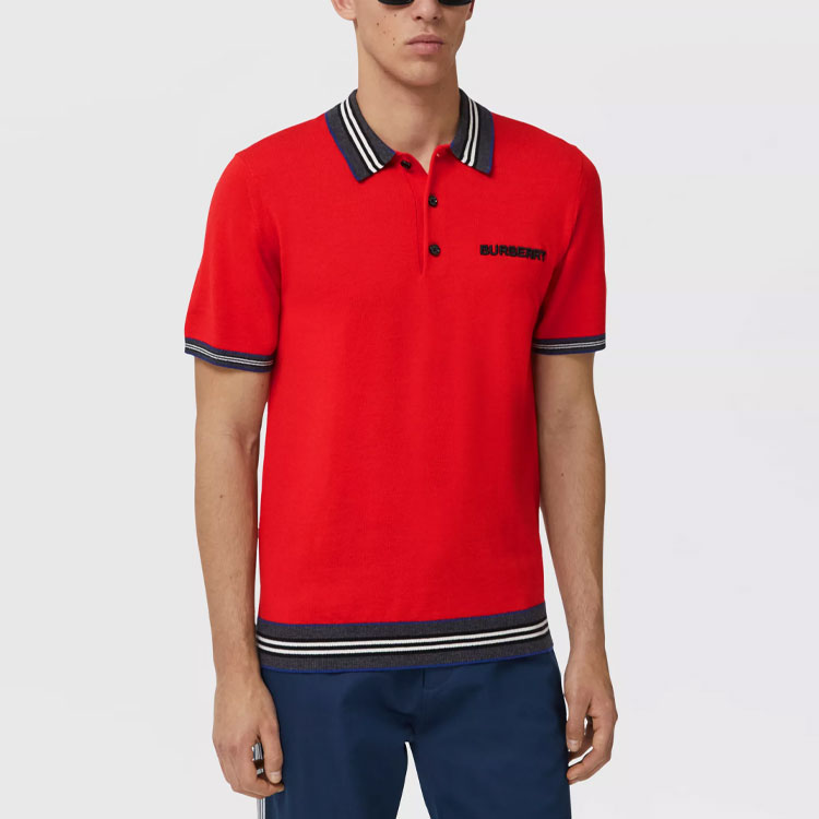 Shop Burberry 紅色條紋標誌短袖POLO衫 80386201
