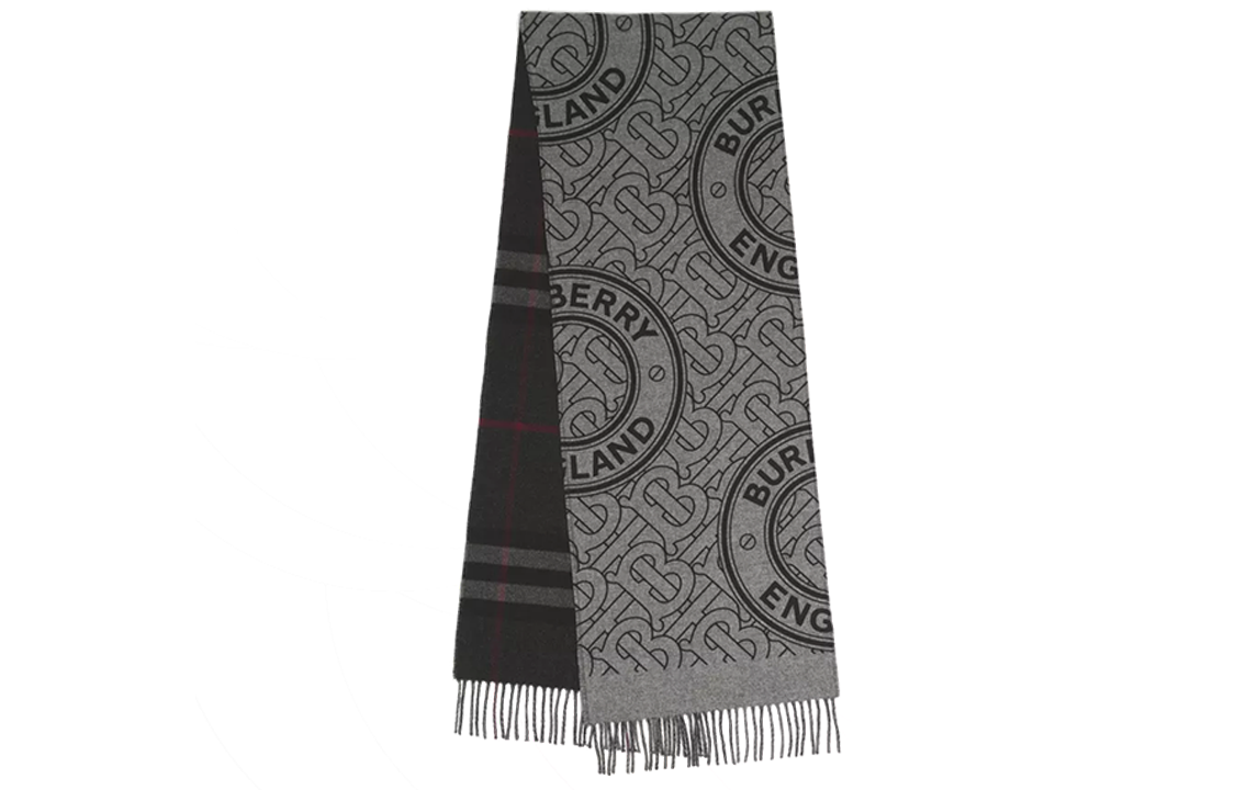 BURBERRY Reversible Check & Monogram Cashmere Scarf in Shale Grey. 80452411