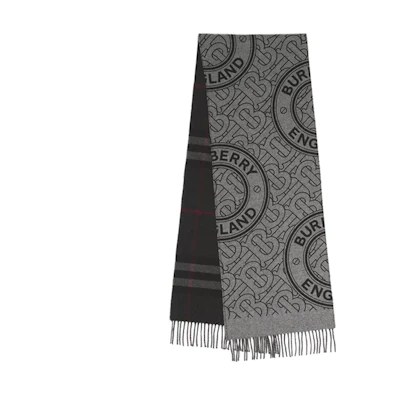 BURBERRY Reversible Check & Monogram Cashmere Scarf in Shale Grey. 80452411