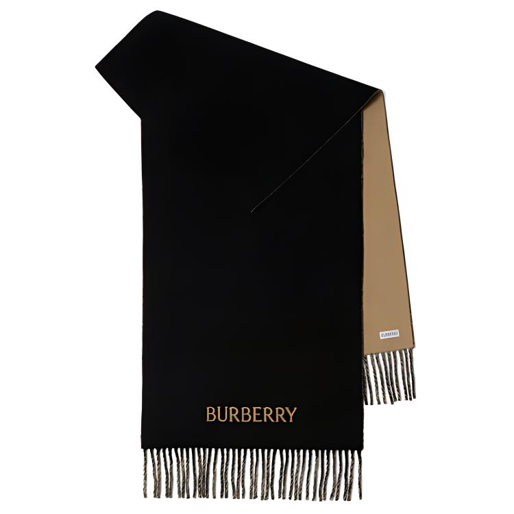 Burberry Reversible Fringe Logo Wool Scarf Unisex Couple Style - Black. 80787831