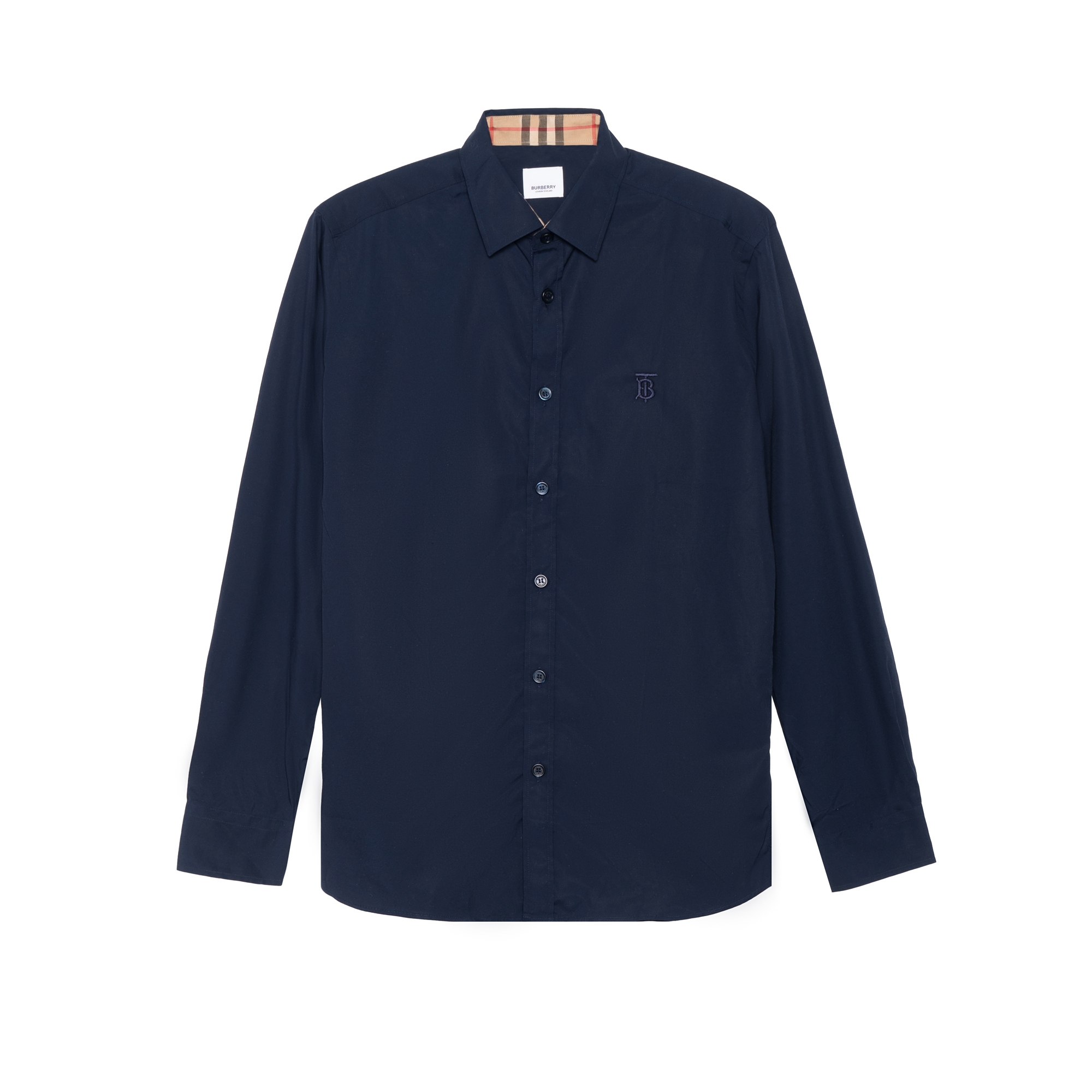 Burberry Slim Fit Logo Cuff Check Long Sleeve Shirt in Navy 80323061