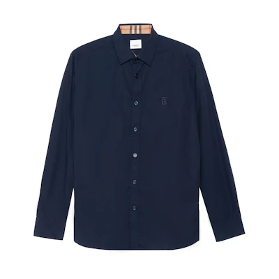 Burberry Slim Fit Logo Cuff Check Long Sleeve Shirt in Navy 80323061