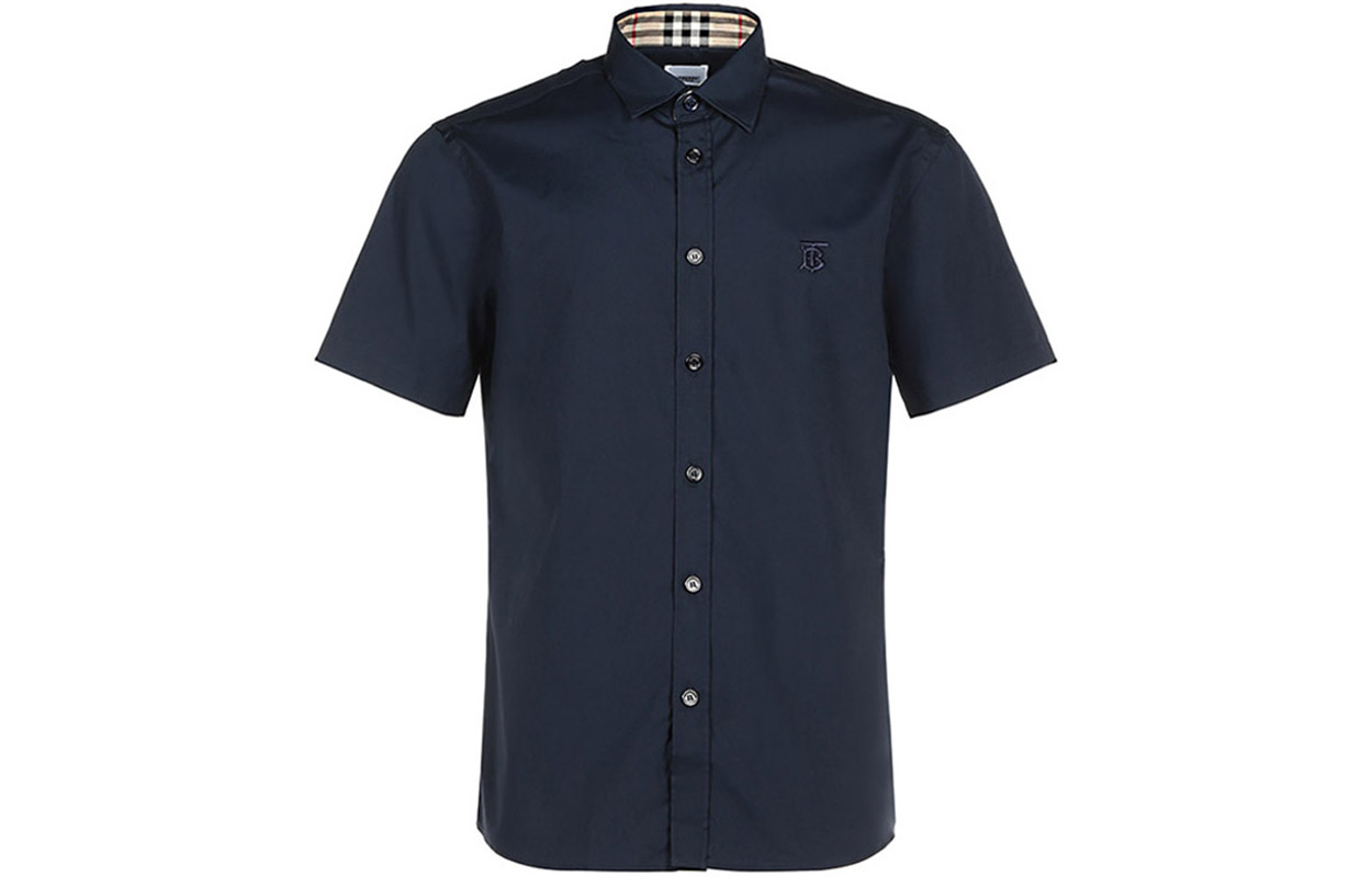 Order Burberry Slim Fit Navy Blue Short Sleeve Shirt 80323111