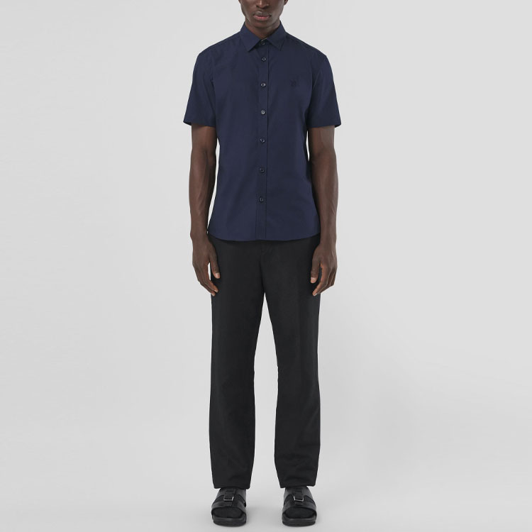 Shop Burberry Slim Fit Navy Blue Short Sleeve Shirt 80323111