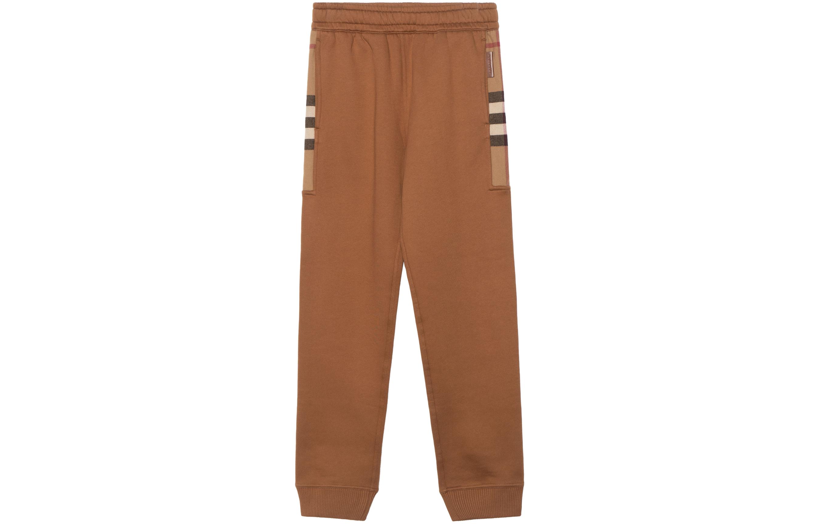 Burberry Solid Check Paneled Cotton Blend Joggers in Dark Birch Brown. 80475191