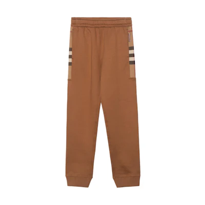 Burberry Solid Check Paneled Cotton Blend Joggers in Dark Birch Brown. 80475191