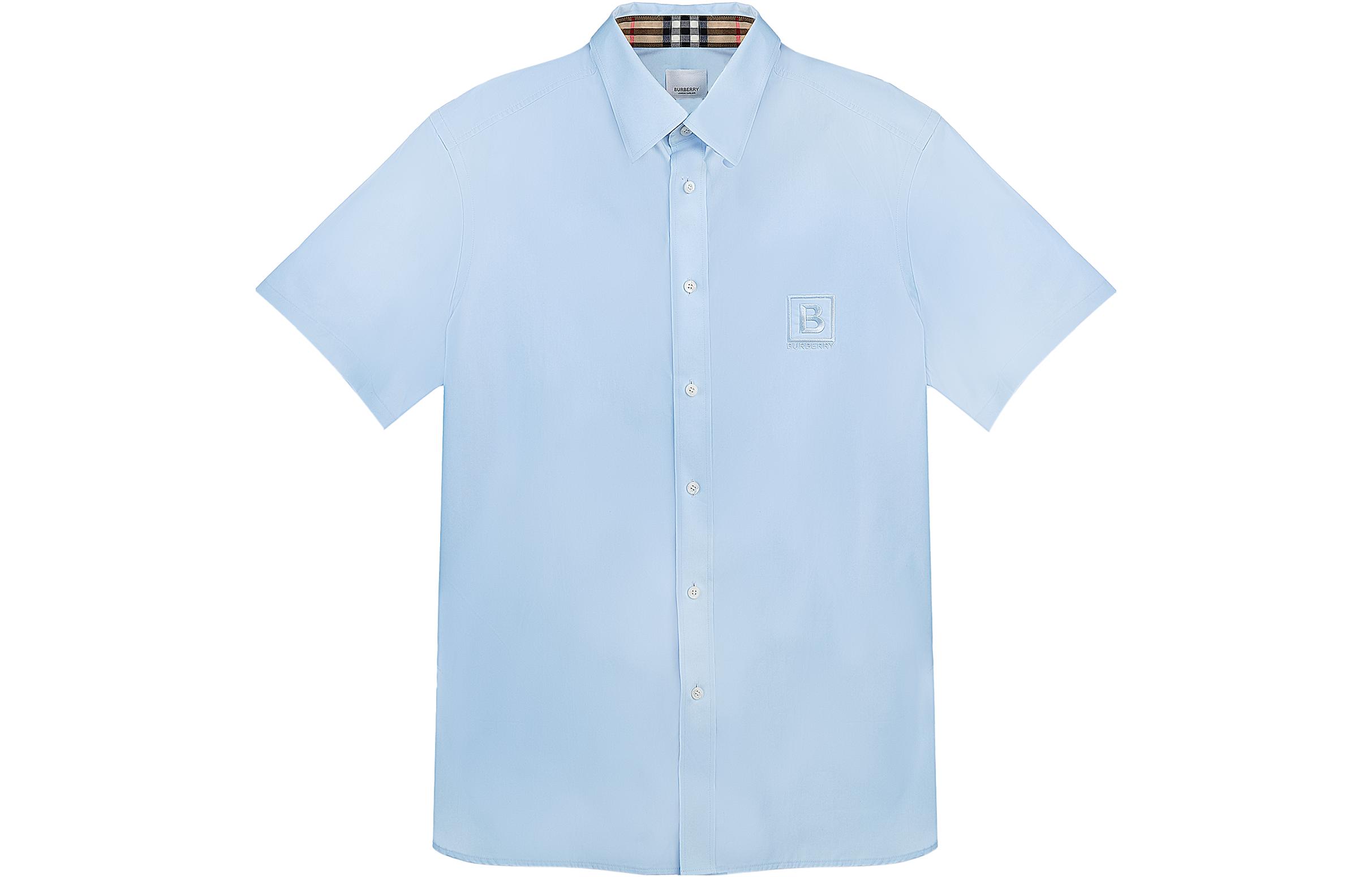 Burberry Solid Color Logo Embroidered Short Sleeve Shirt Men’s Light Blue 80618631