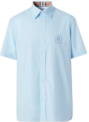 버버리 로고 자수 반팔 셔츠 남성용 라이트 블루 80618631 Shop 버버리 로고 자수 반팔 셔츠 남성용 라이트 블루 80618631