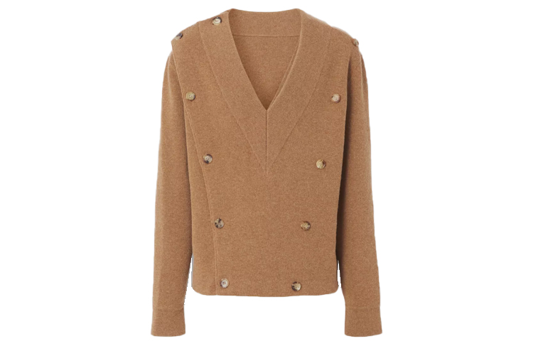Burberry Solid Double-Breasted V-Neck Knit Sweater Beige 80454651 圖 2