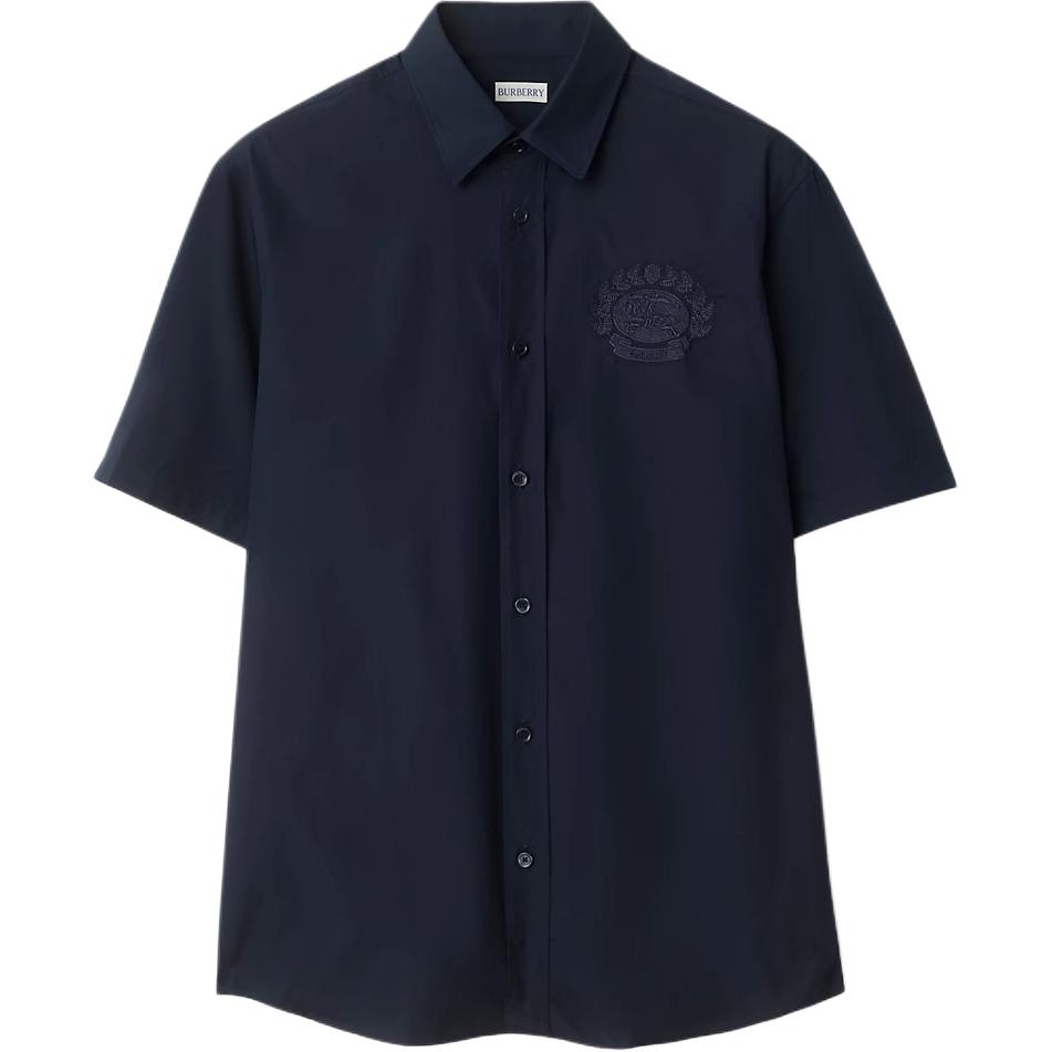 Burberry Solid Logo Print Button-Down Short Sleeve Shirt Navy Blue 80953201