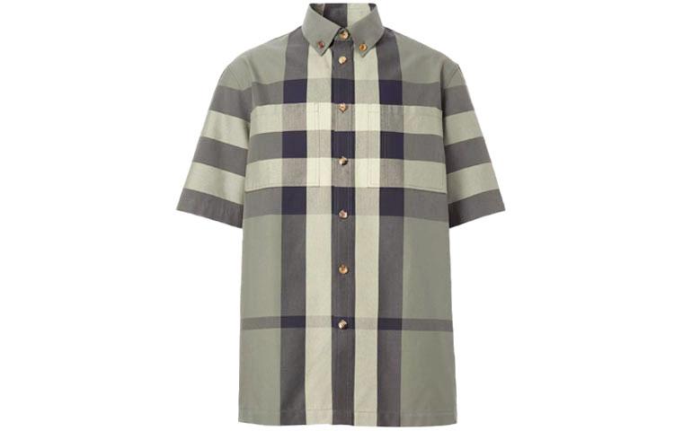 Order 巴宝莉 SS21经典格纹领口男士军绿色休闲短袖衬衫 80415411