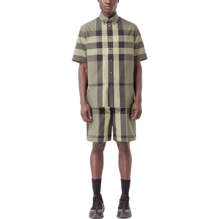 Lookbook 巴宝莉 SS21经典格纹领口男士军绿色休闲短袖衬衫 80415411