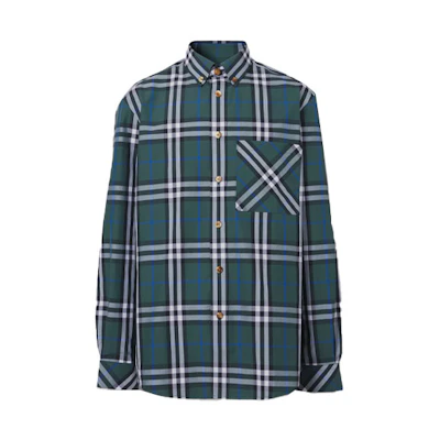 Burberry SS21 Check Cotton Poplin Shirt Forest Green . 80415231