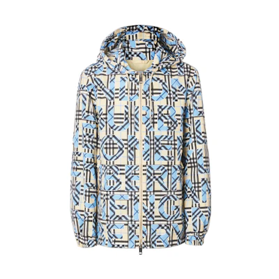 Burberry SS21 Logo Print Check Hooded Zip Jacket Bright Cobalt Blue () 80387701