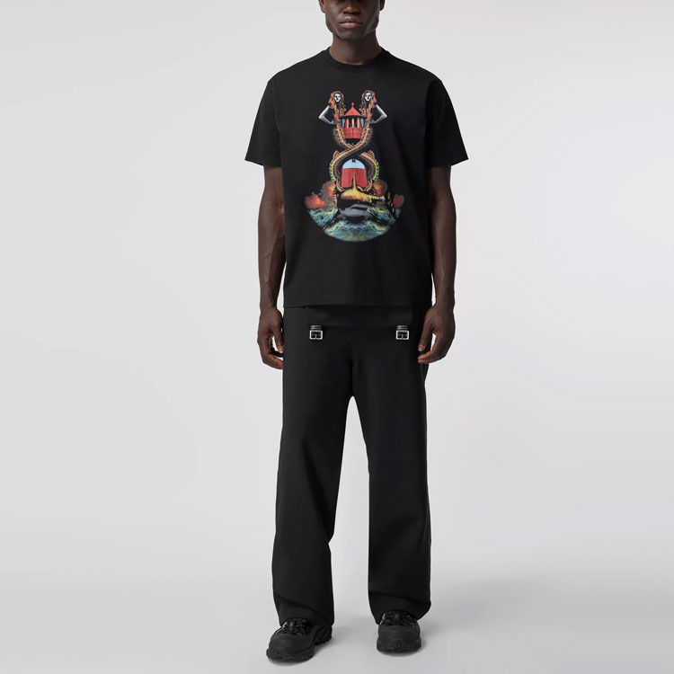 Shop Burberry SS21 Kaos Katun Longgar Motif Mermaid Hitam 80406831