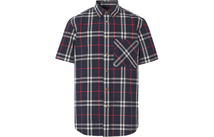 Burberry SS21 Navy Blue Logo Check Loose Short Sleeve Shirt. 80433391