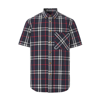 Burberry SS21 Navy Blue Logo Check Loose Short Sleeve Shirt. 80433391