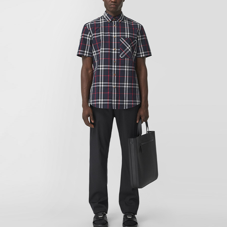 Burberry SS21 Navy Blue Logo Check Loose Short Sleeve Shirt. 80433391 圖 5