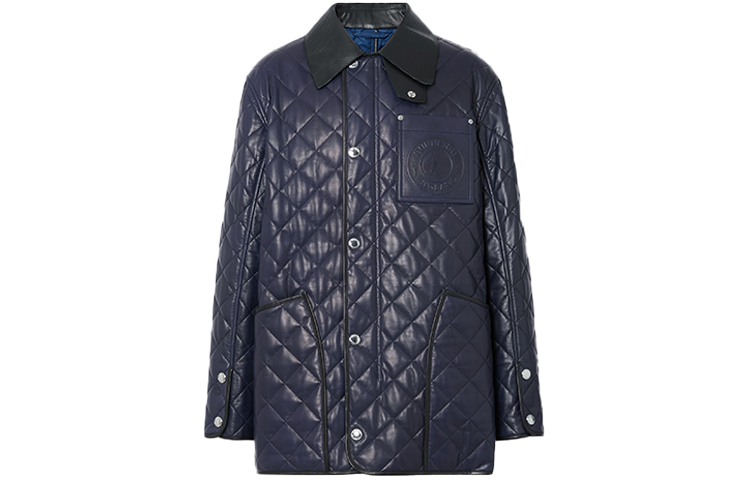Burberry SS21 Quilted Lambskin Logo Barn Jacket Navy Blue Leather Jacket 80391411