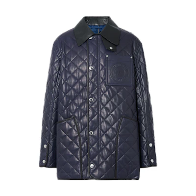 Burberry SS21 Quilted Lambskin Logo Barn Jacket Navy Blue Leather Jacket 80391411