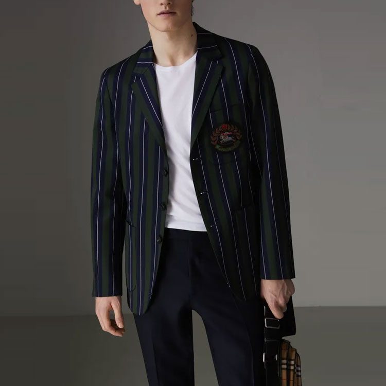 Shop Burberry SS21 Slim-Fit Green Striped Blazer with Embroidered Badge. 80024151