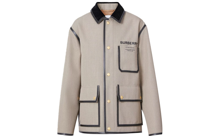 Burberry SS21 Wool Jacket with Leather & Horseferry Print Green/Grey 80413981