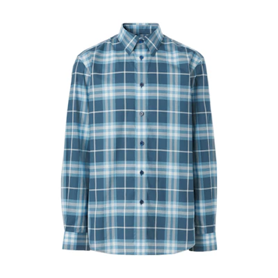 Burberry SS22 Blue Check Print Button-Up Long-Sleeve Shirt 80503601