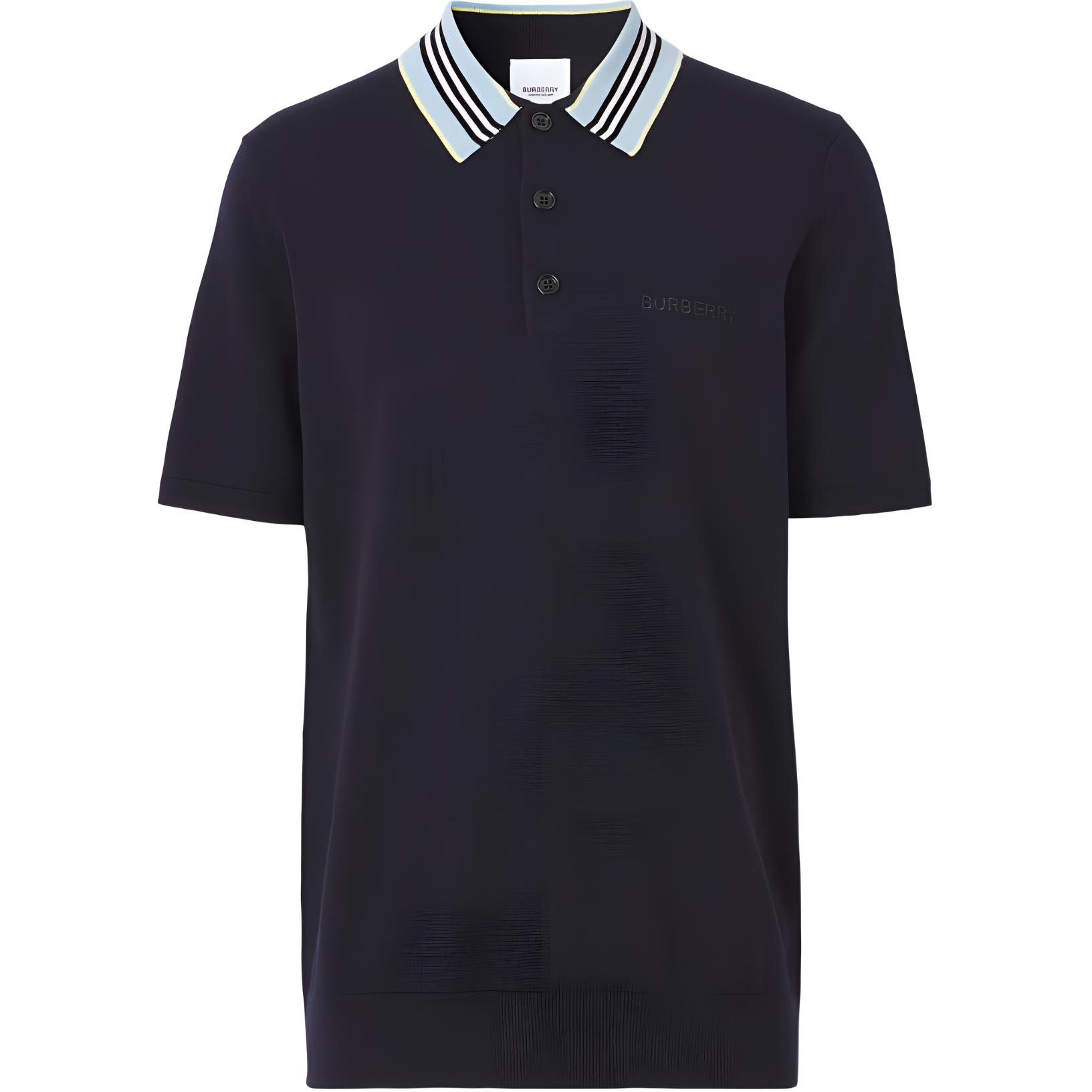 Burberry SS22  Blue Short Sleeve Polo Shirt with Logo Stripe Collar. 80521561