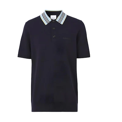 Burberry SS22 Blue Short Sleeve Polo Shirt with Logo Stripe Collar. 80521561