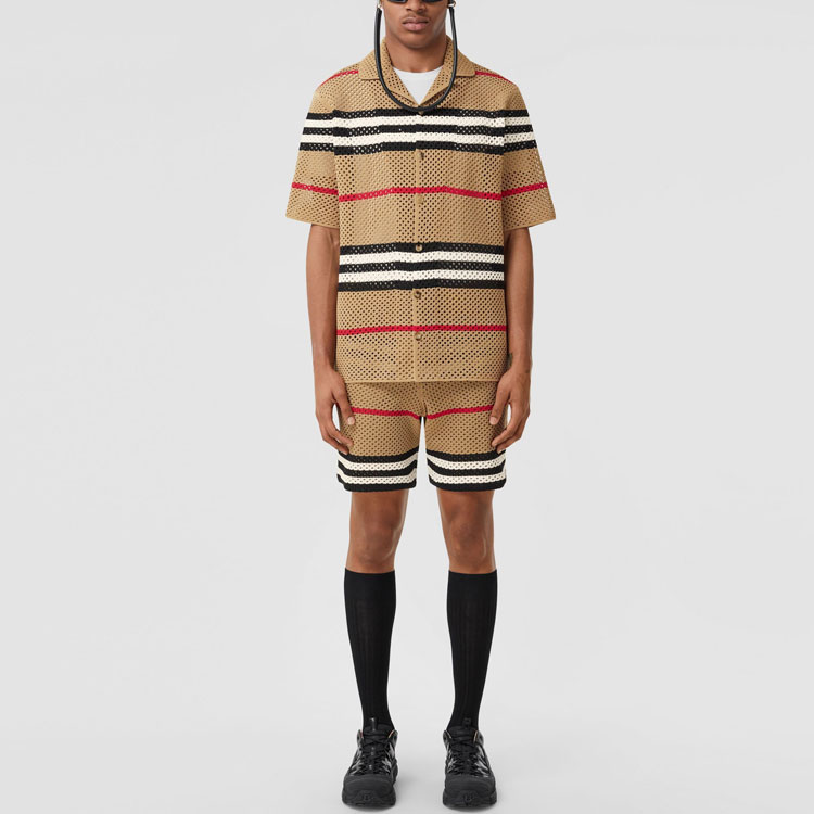 Shop 博柏利 SS22 棕色拼接条纹直筒休闲短裤. 80502701