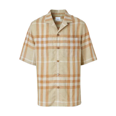 Burberry SS22 Check Linen Short Sleeve Shirt Soft Yellow Beige. 80503431