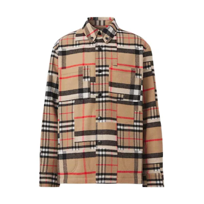Burberry SS22 Check Pattern Wool Long Sleeve Shirt in Archive Beige 80442161